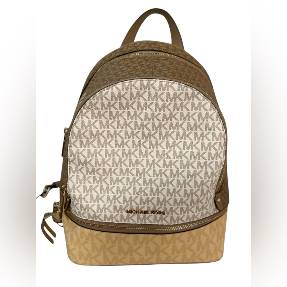 Michael Kors Brown and Tan Designer Backpack with Monogram Pattern